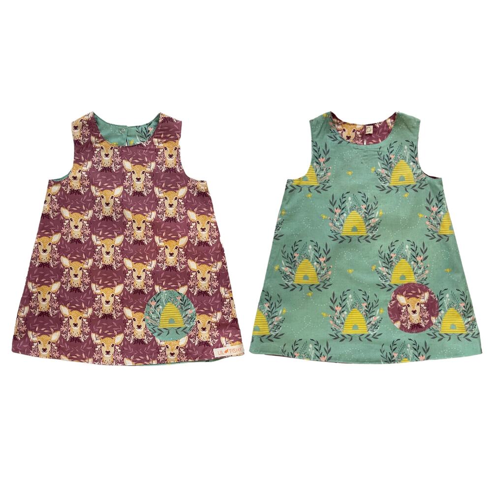 Reversible Dress 2T Handmade Deer Beehive 100% Cotton USA Lil Fishy Artisan